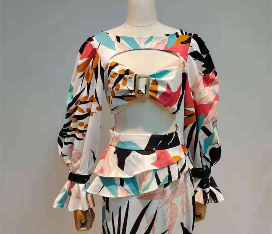 Free Summer Women's Printed Skirt Set Lantern Sleeve Hollow Top & Irregular Elegant Two-piece Fashion 210524