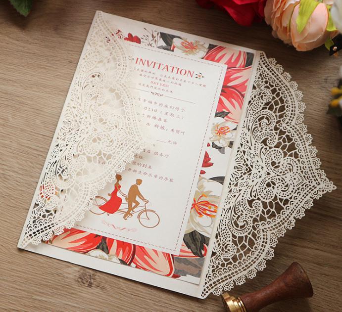 2021 WHITE CHANTILLY LACE Laser Cut Wrap Invitation - White Laser Cut Wedding Invitation with Blush Shimmer Insert and Burgundy Ribbon Bow