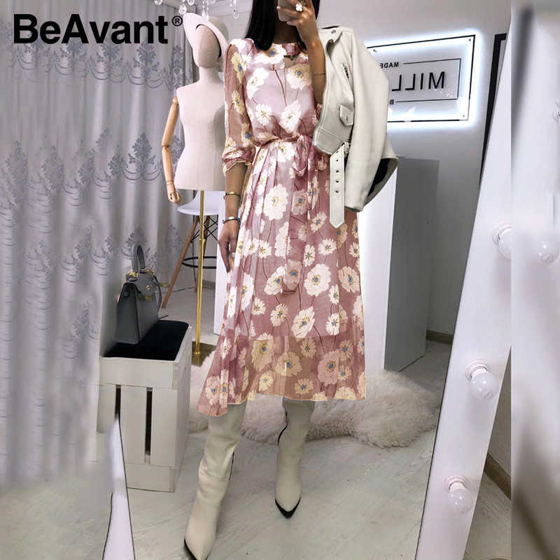 BeAvant Casual flare sleeve dress women Office ladies high waist belt long dress Elegant floral printed blue summer dresses 210709