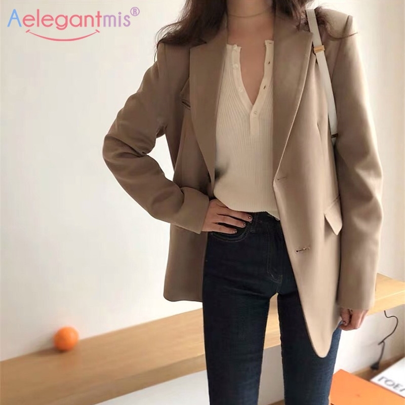 Aelegantmis Spring New Fashion Blazer Jacket Women Casual Pockets Long Sleeve Work Suit Coat Office Lady Solid Slim Blazers 210330