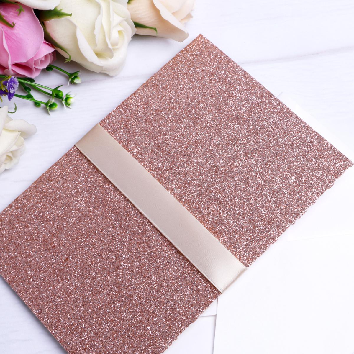 2021 New Rose Gold Glitter Laser Cut Invitations Cards With Beige Ribbons For Wedding Bridal Shower Engagement Birthday Graduation
