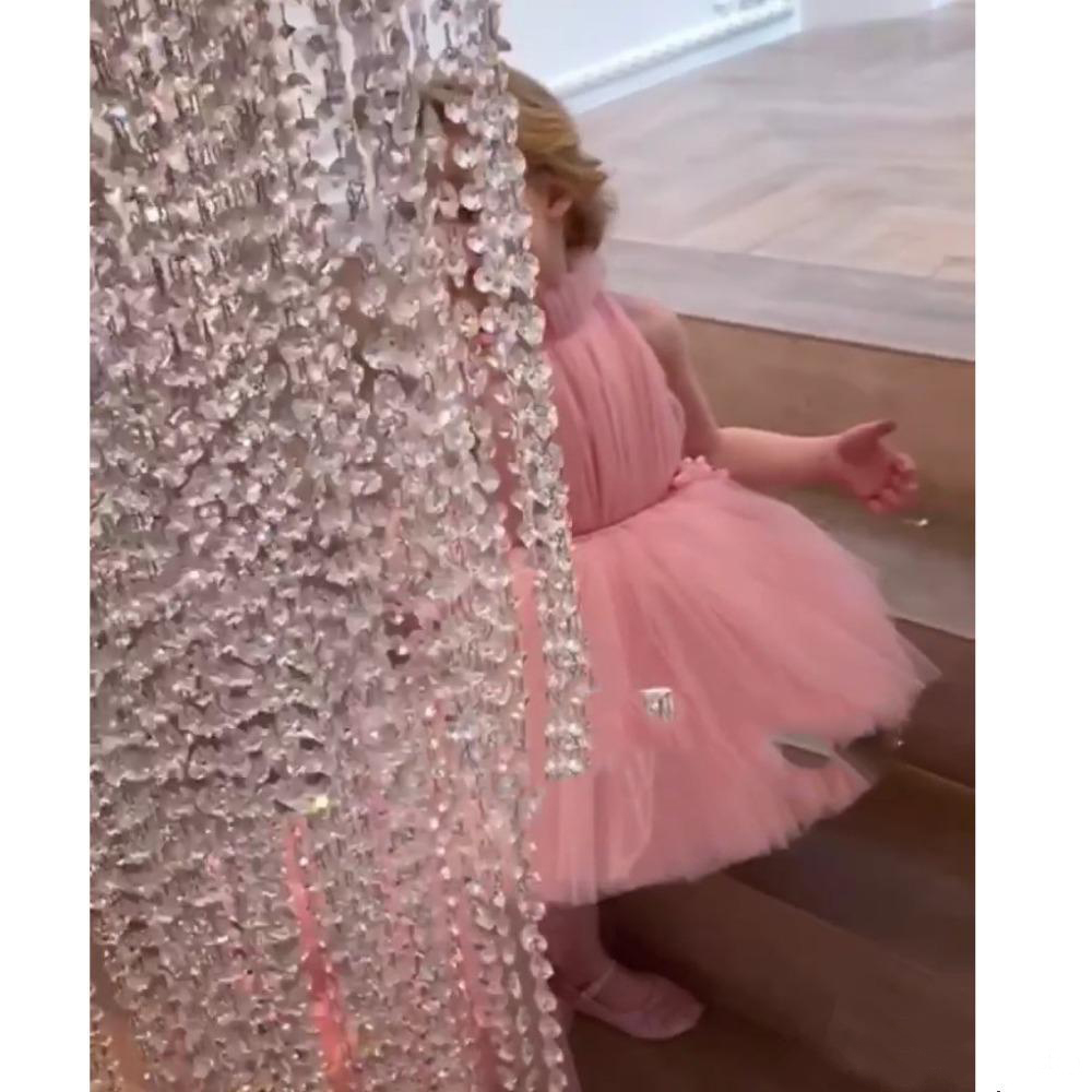 Lovely Tulle Pink Flower Girl Dresses for Weddings High Neck Sleeves Sweep Train 3D Floral Applique Communion Dress Girls Pageant Gowns 0509