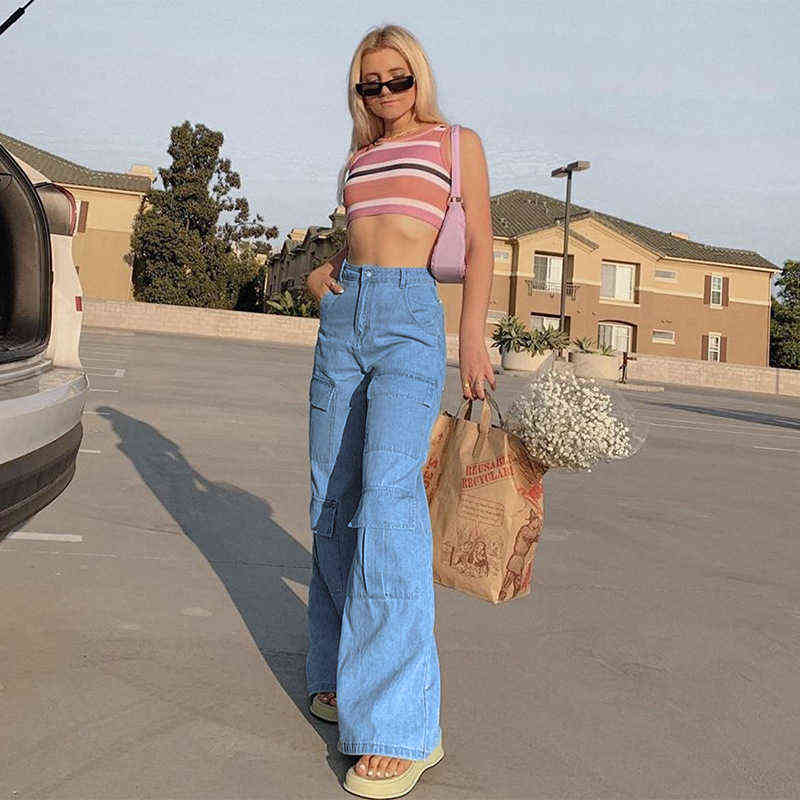 Women 90s Y2K Patchwork Wide Leg Mom Jeans Big Pocket Cargo Pants Vintage Mopping Casual Streetwear Boyfriend Denim 211129