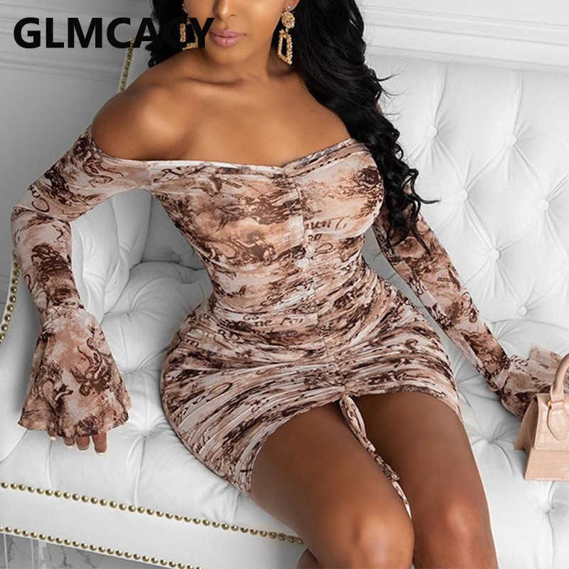 Women Flare Sleeve Off Shoulder Dress Ruched Bodycon Sweet Party Dresses 210702