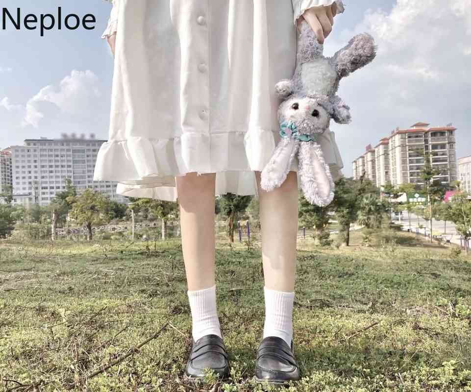 Neploe Japanese White Lolita Dress Women Peter Pan Collar Sweet Kawaii Vestidos Mujer Lantern Long Sleeve Loose Cute Dresses 210422