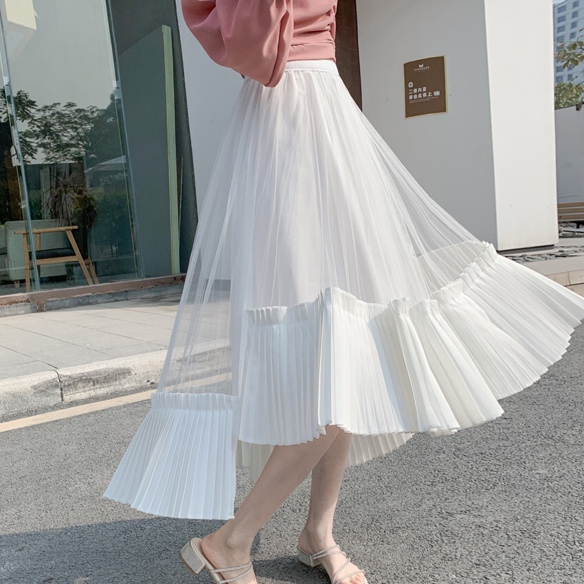 white skirt pleated mesh sweet cute asymmetrical long high waist black casual daily wear chic patchwork 210421