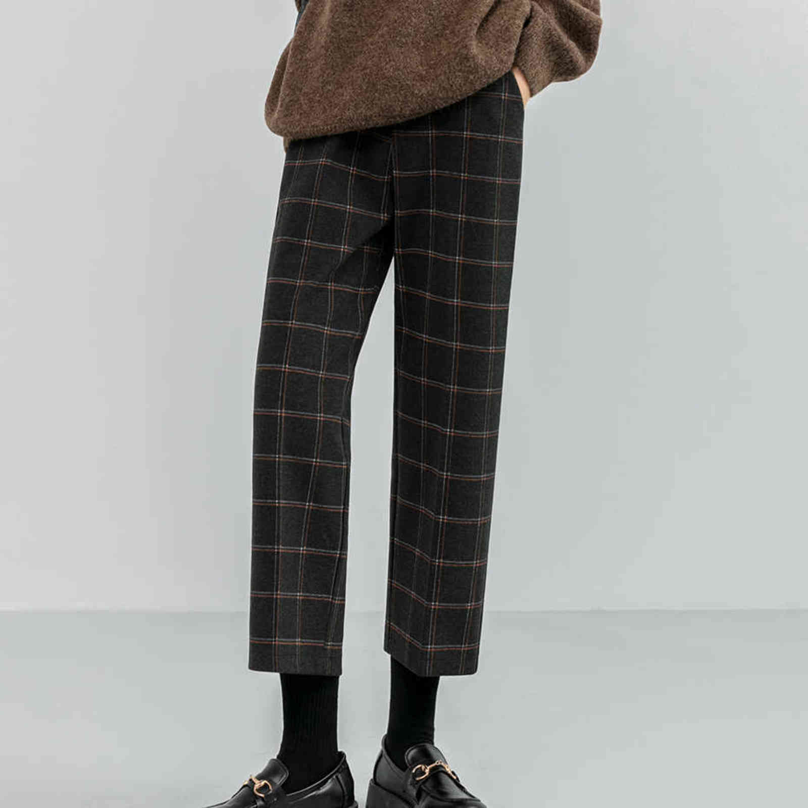 Chic Woolen Plaid Autumn Winter Women's High Waist Formal Straight Pants Loose Ankle-Length Female Boots Plus Size 211115