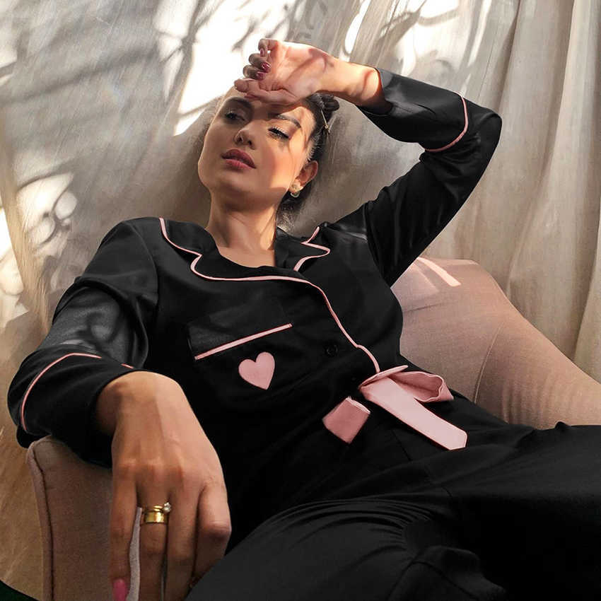HiLoc Love Satin Sleepwear Women Winter Pajamas Black Long Sleeve Two Piece Set Top And Pants Bow Lace Up Pocket Cute Pajamas 211007