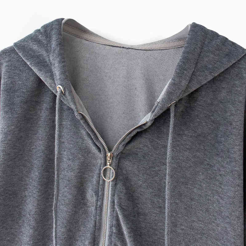 Casual Woman Loose Gray Velvet Hooded Coats Spring Autumn Fashion Ladies Short Sports Jackets Girls Chic Oversized Hoodies 210515