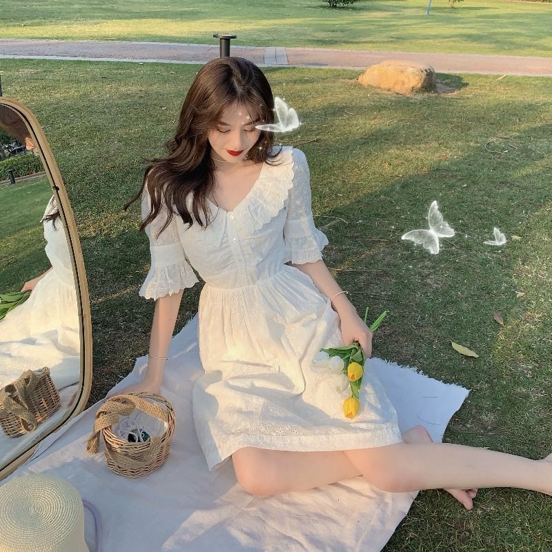 Elegant Dresses for Female White V-Neck Button Slim Mini Dress Beach Office Lady Kawaii Thin Women Fairy Dress Korea Summer 210521