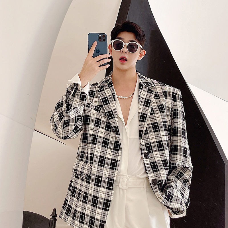 IEFB Spring Summer Korean Loose Vintage Black White Plaid Blazer Men's Temperament Lattice Notched Long Sleevc Suit 9Y7558 210524