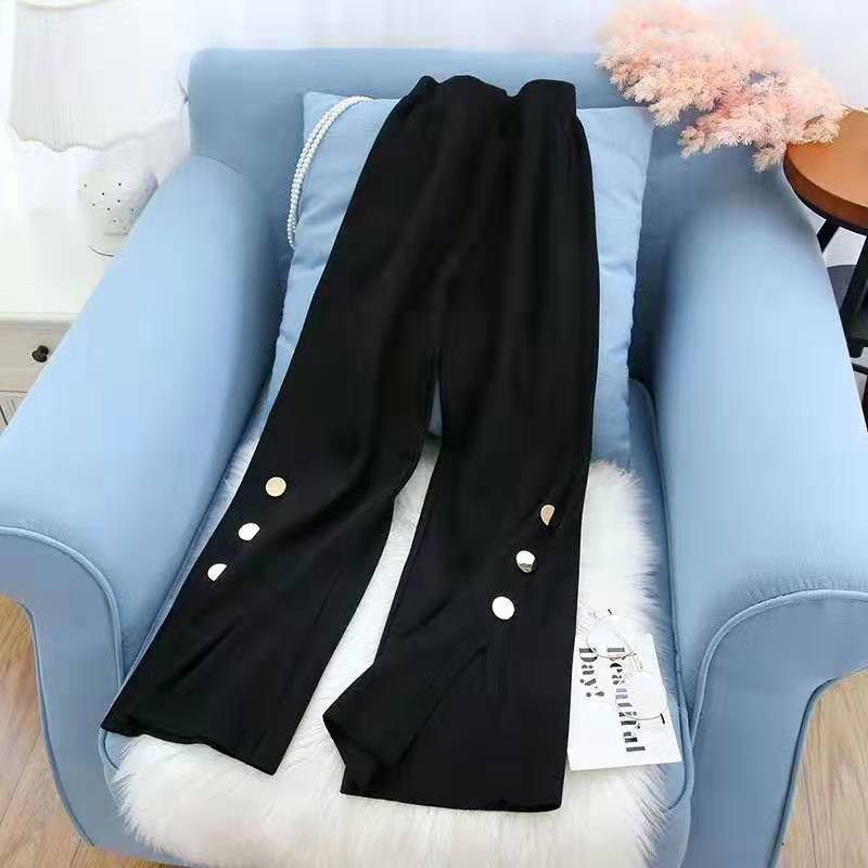 Nomikuma Autumn Winter Knitted Pants Korean High Waist Split Buttons Wide Leg Pants Causal Solid Sweater Women Pants 6C706 210427