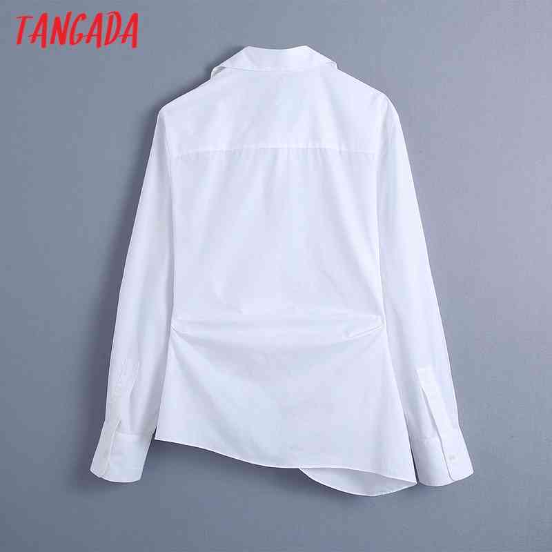 Women Fashion Pleated Asymmetry White Blouses Vintage Long Sleeve Button-up Female Shirts Blusas Chic Tops BE474 210416