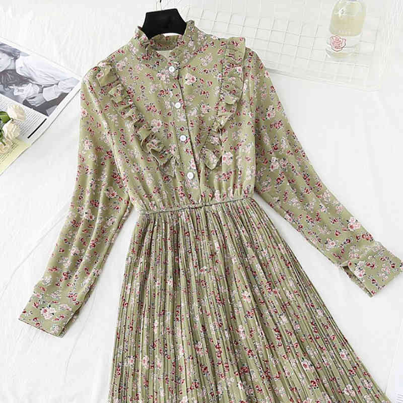 Women Chiffon Pleated Dress Spring Summer Female Vintage Long Sleeve Floral Print Dresses Casual Office Lady Midi Dress 210521