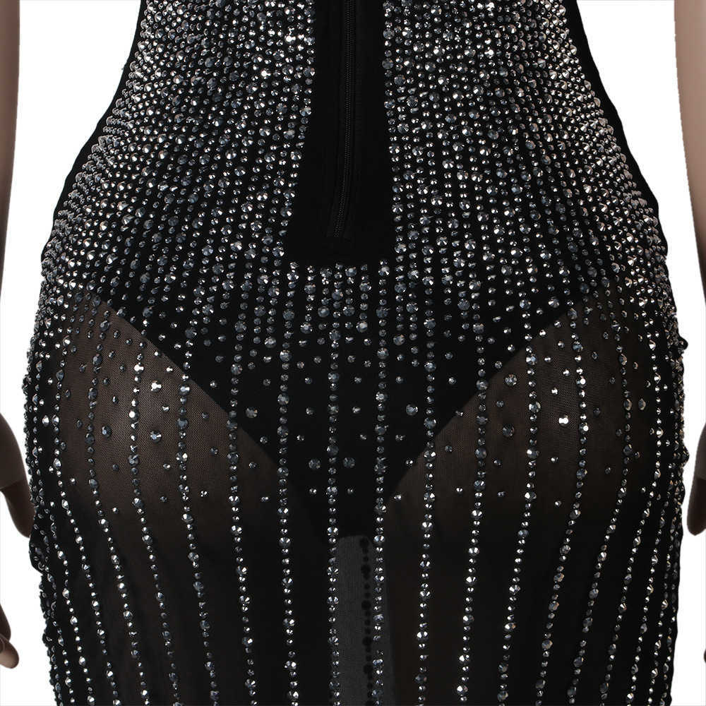 Women Spaghetti Strap Mesh Dress Diamond Embellished Party Midi Dresses 210702