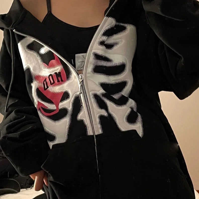 Stylish Bone Pattern Zipper Up Hoodies Streetwear Oversized Hooded Sweatshirt Women Long Sleeve Casual Harajuku Graphic Outwear 210910