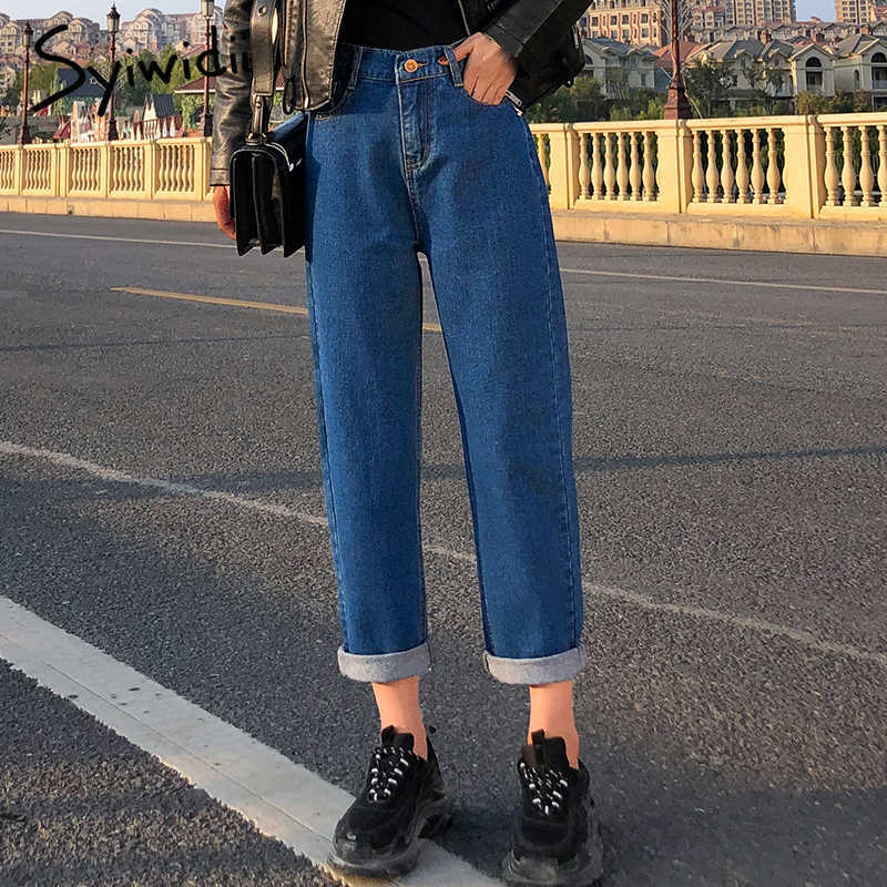 Syiwidii 4 Color Mom Jeans Woman Elastic Waist High Wais Denim Pants Boyfriend Jeans for Women Washed Cotton Fashion 210730