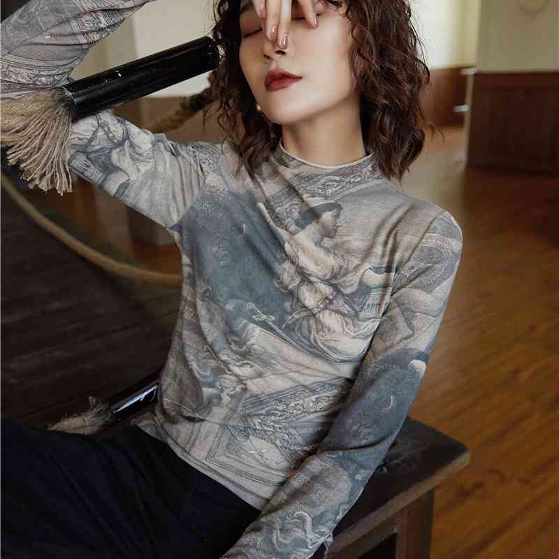Renaissance Print Vintage Top Turtleneck Long Sleeve Blouse Women Spandex Bodycon Ladies Tops Clothes 210427