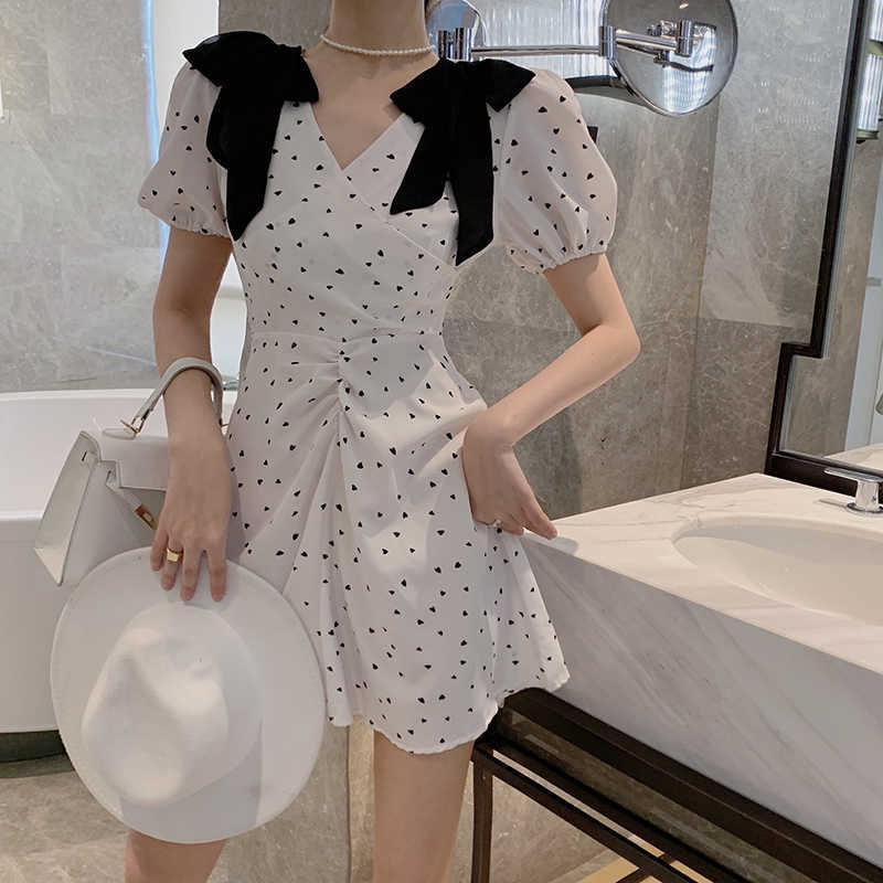 Love Printed White Dress Women Summer Bowtie Polka Dot Female Plus Size Party Sundress V Neck Mini Vestidos Mujer 210601
