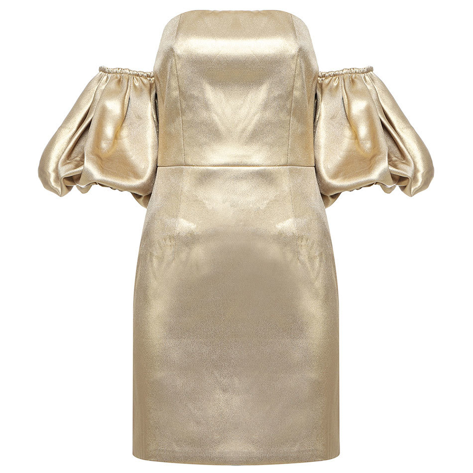 Free Chic Golden Dress Women Sexy Strapless Detachable Lantern Sleeve Bodycon Halter Dresses Club Party Vestidos 210524