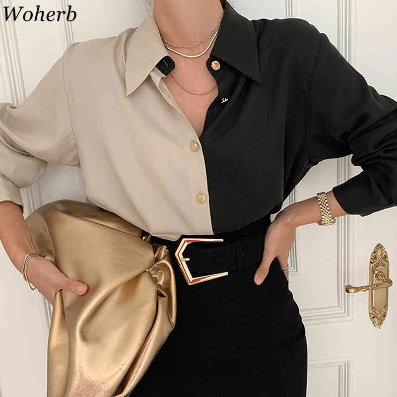 Vintage Women Blouses Turn-down Collar Contrast Color Shirts Tops Loose Casual Single Breasted Blouse Blusas Femme 4H247 210519