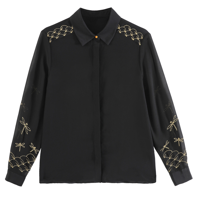Fashion Spring Long Sleeve Black Silk Chiffon Shirt Women's Embroidered Solid Cardigan Blouse Women Ladies Tops 8524 50 210510