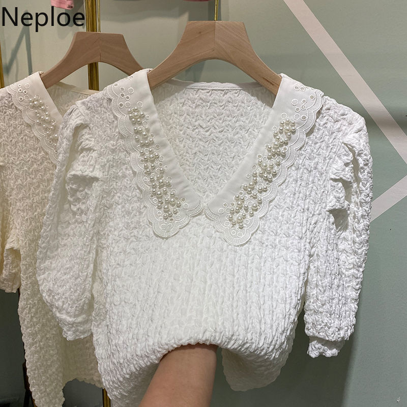 Neploe Blouse Women Summer Blusas Female Peter Pan Collar Heavy Beading Shirt Korean Fashion Pleated Tops White Blouses 210422