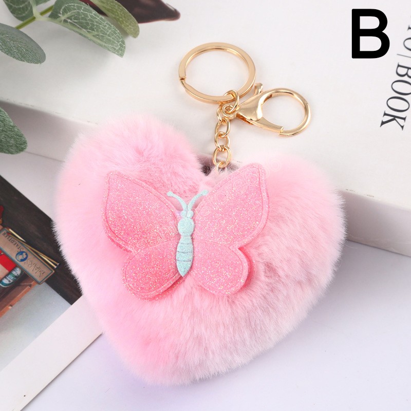 Heart Shape Hair Ball Key rings Plush Pompom Car Keychain for Women Bag Ornaments Cute Butterfly Key Chain Holder