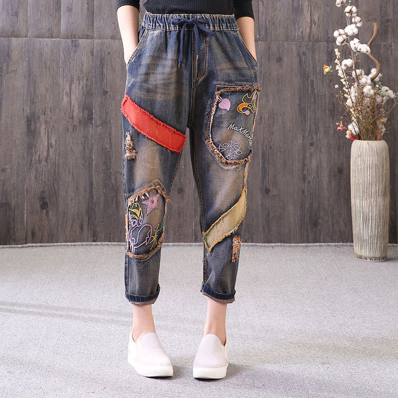 Spring Fashion Women Vintage Embroidery Jeans Elastic Waist Loose Hole Denim Harem Pants Ladies Patched Top Quality D113 210512
