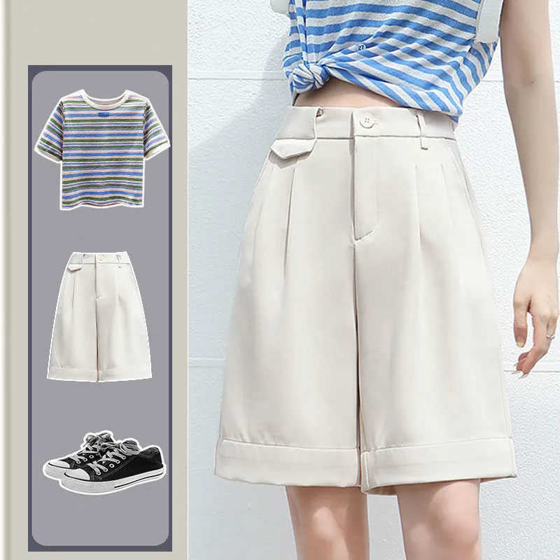 Black five-point suit shorts female plus size summer fashion high waist loose straight wide leg casual overalls 210714