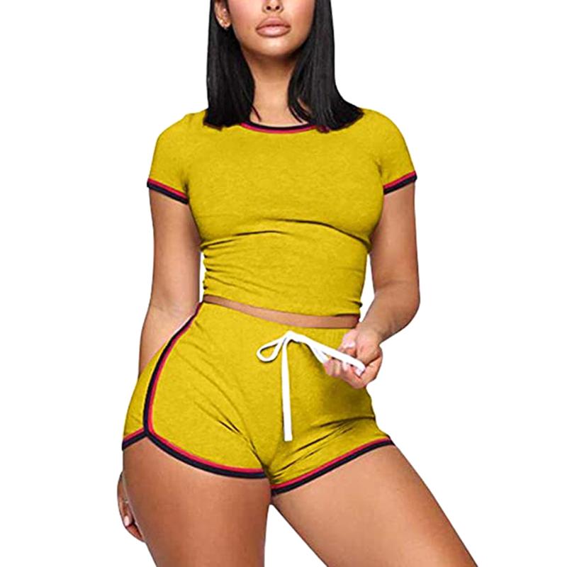Casual Women Summer 2PCS Striped Yoga Set Girls Short Sleeve Top+Elastic Waist Fitness Shorts Exercise Running Gym Sports Sets Women's Track