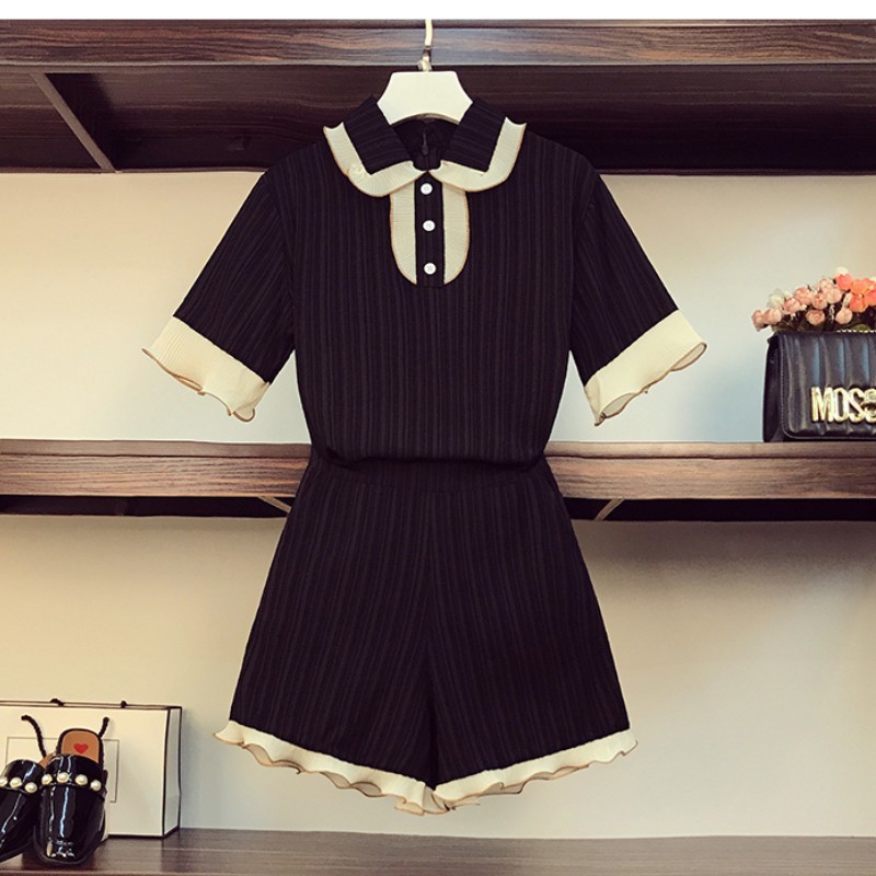 Women korean Summer Two piece Sets Office Ladies Peter Pan Collar Short Sleeve Top + Casual Short pants Suit 210518