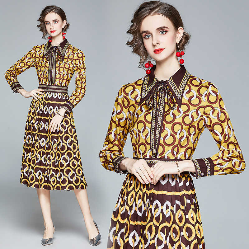 Fashion Elegant Yellow Women Shirt Dress Autumn Slim Female Vintage Long Sleeve Turn-Down Collar Print Party Dresses Vestidos 210525