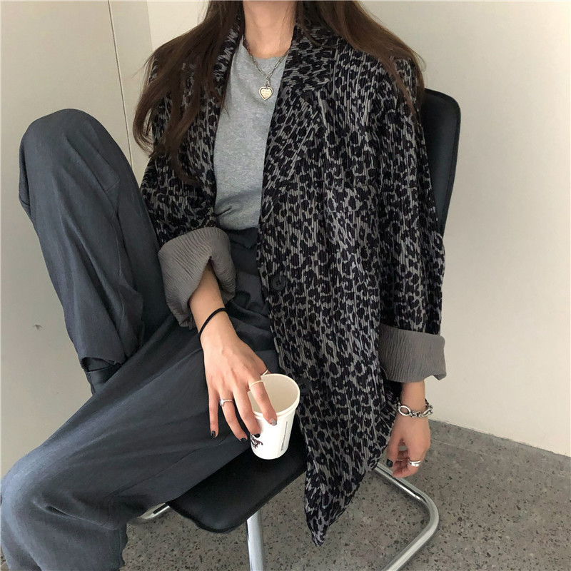 OL Work Wear Fashion Leopard Blazer Women Autumn Elegant Tops Chic Cardigan Loose Thin Suit Jack Female Blazers 210421