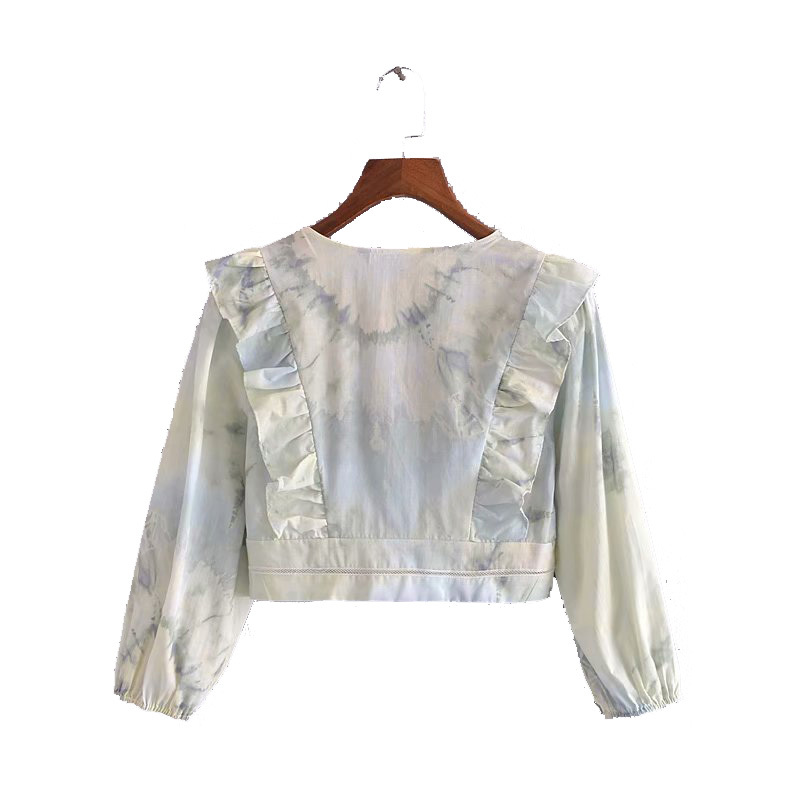 Spring Women Chiffon Tie Dye Tops Ruffled Long Sleeves Shirt Chic Lady Fashion Casual Clothes 210517