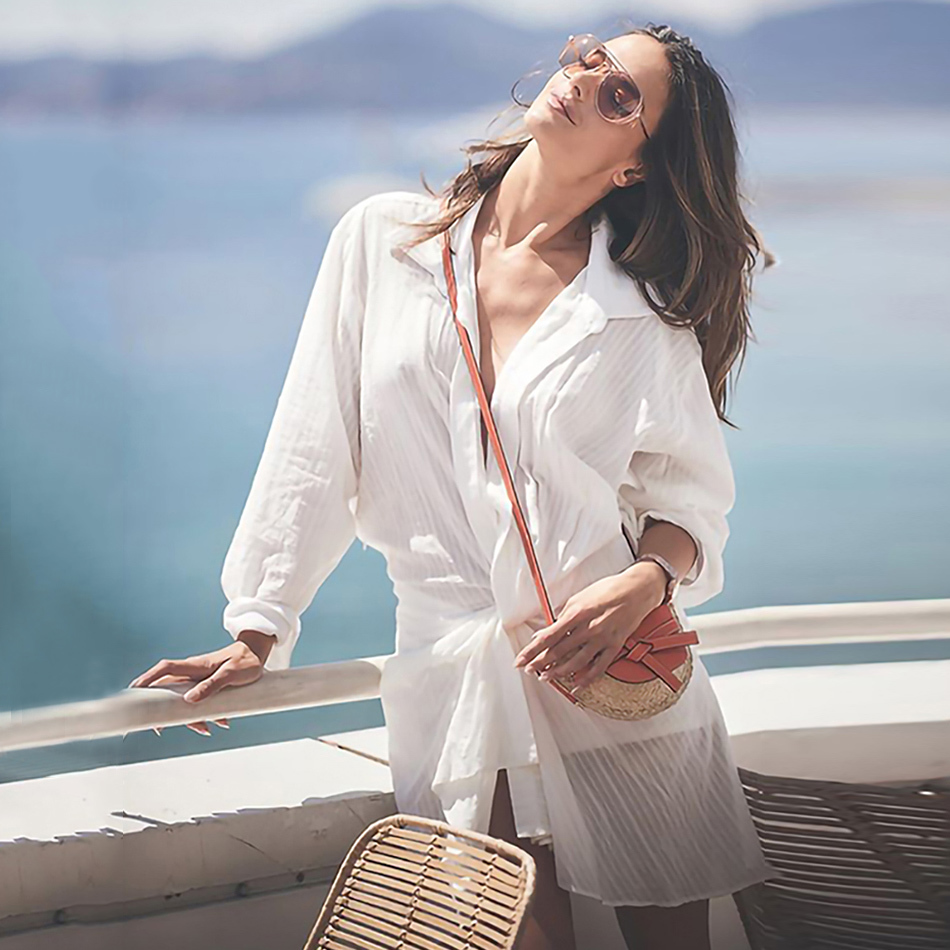 Women Deep V Neck Sexy White Shirt Dress Beach Boho Mini Elegant Irregular Lace-Up Ruched Vestidos 210524