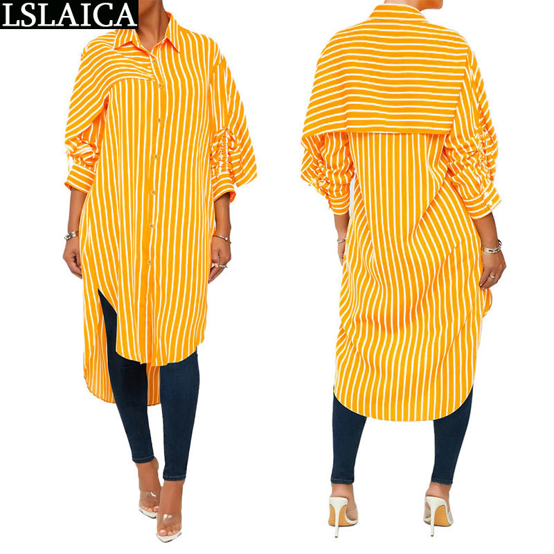 Party Dress Fashion Mid-Calf Striped Printing Dresses for Women Loose Casual Button Streetwear Lrregular Hem Vestiti Donna 210515