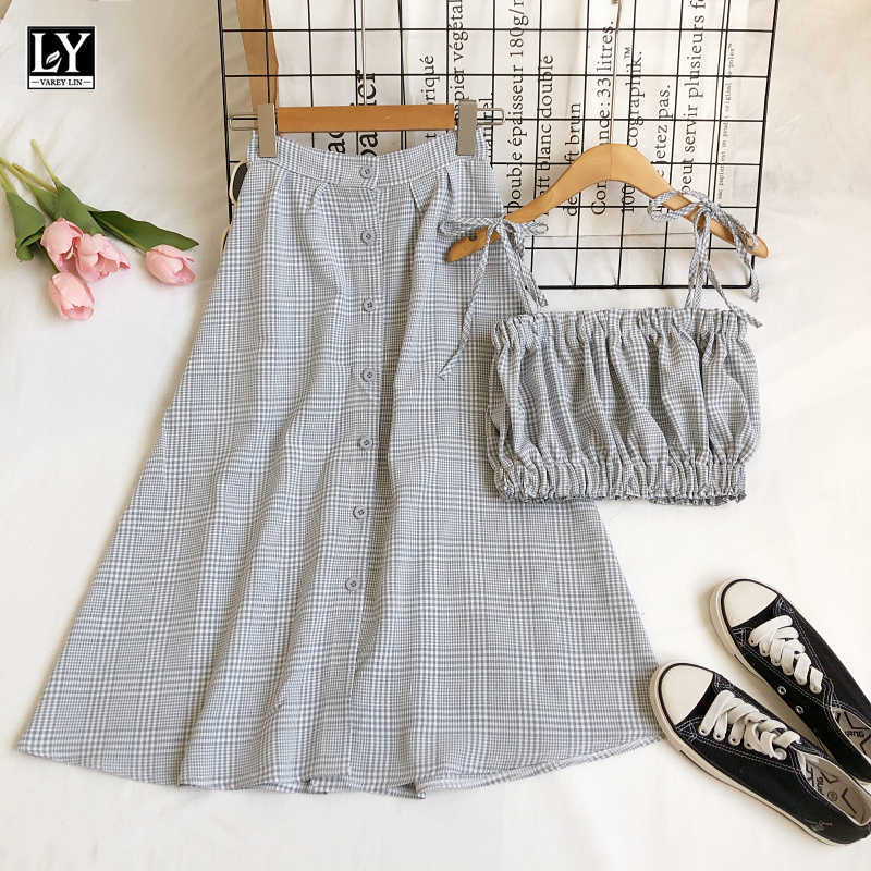 LY VAREY LIN Summer Casual Plaid Two Piece Set Slim Folds Lace-up Breast Wrapping Tops+Single Breasted High Waist Skirts 210526