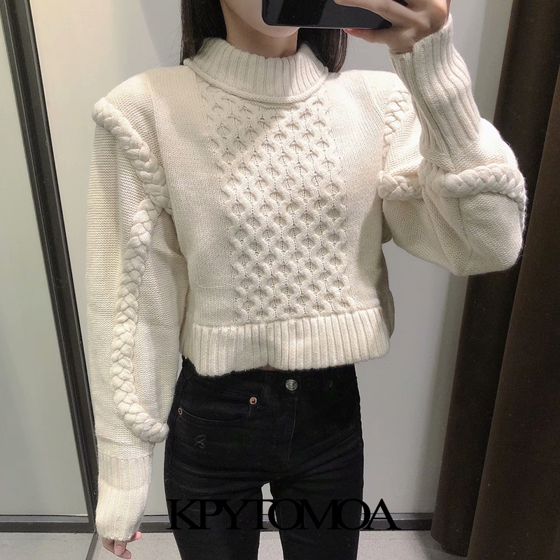 Women Fashion With Shoulder Pads Cropped Cable-knit Sweater O Neck Long Sleeve Female Pullovers Chic Tops 210420