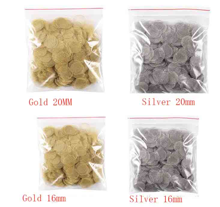 brass screen Smoking Accessories stainless steel Screens Silver gold color 16mm/20mm for metal Mesh Hand Cigarette Tobacco Pipe Tools 1PCS=500pcs/BAG