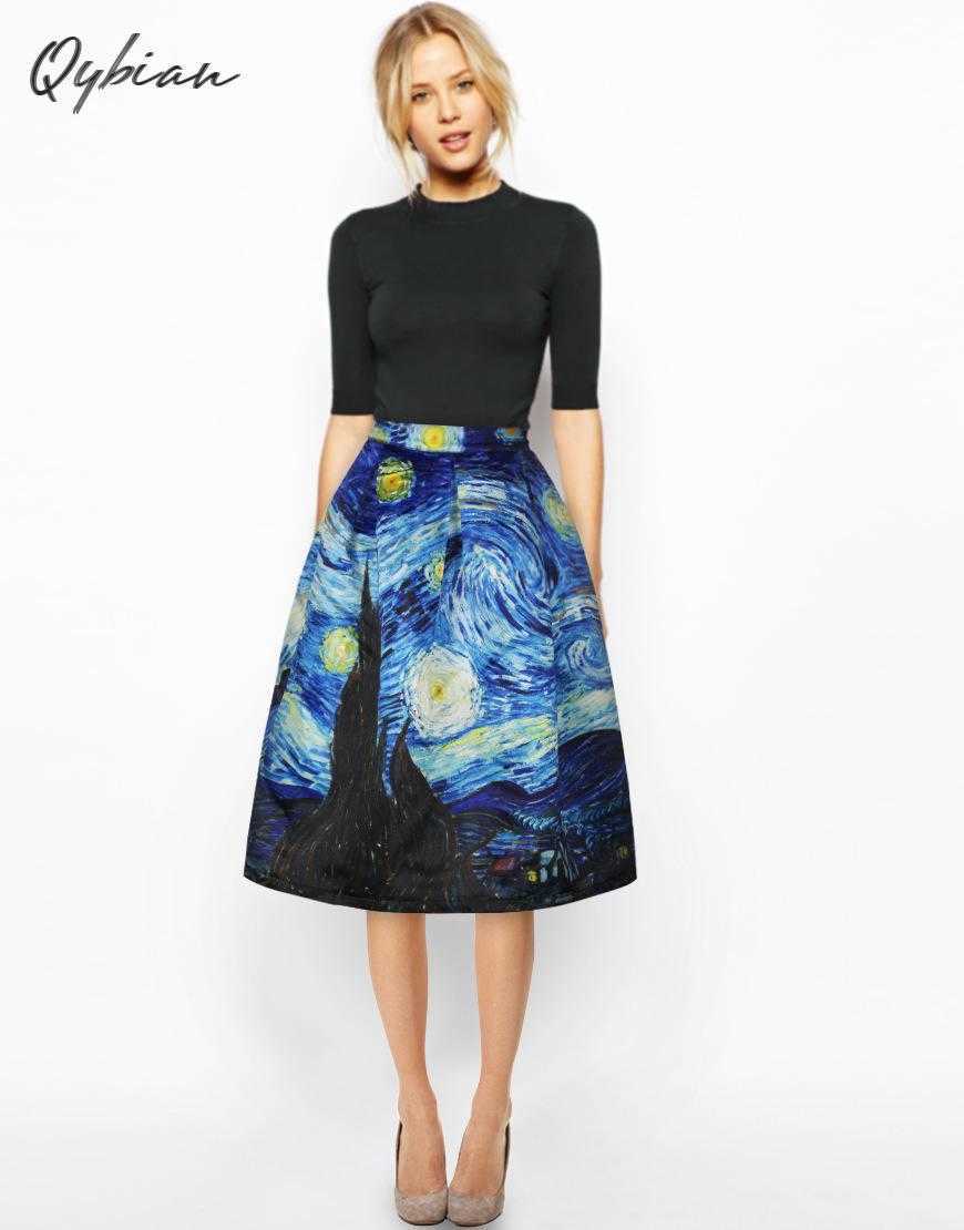 Qybian Faldas Vintage Van Gogh Print Ladies Skirts High Waist Womens Christmas Plus Size 210621