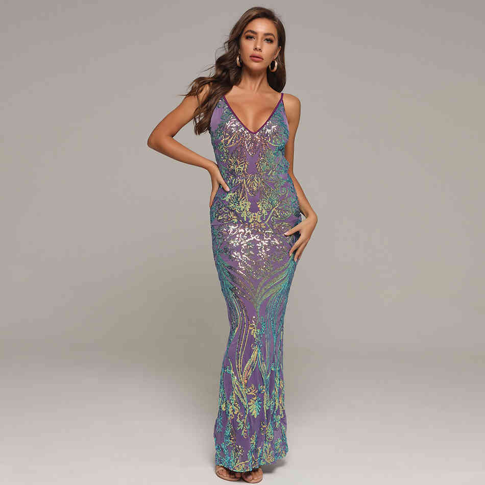 Summer Women Sequins V Neck Spaghetti Strap Sleeveless Dress Sexy Backless Club Evening Runway Party Maxi Dresses 210423