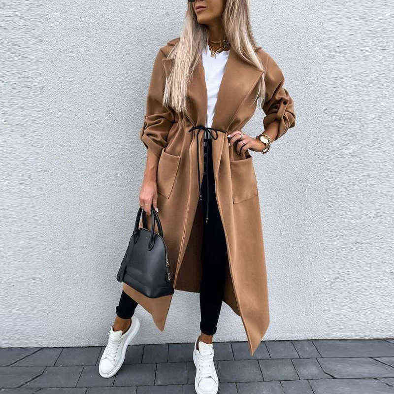 Fashion Drawstring Lace-Up Office Lady Coats Elegant Turn-down Collar Pocket Long Jacket Women Casual Loose Outwear Windbreaker 211130