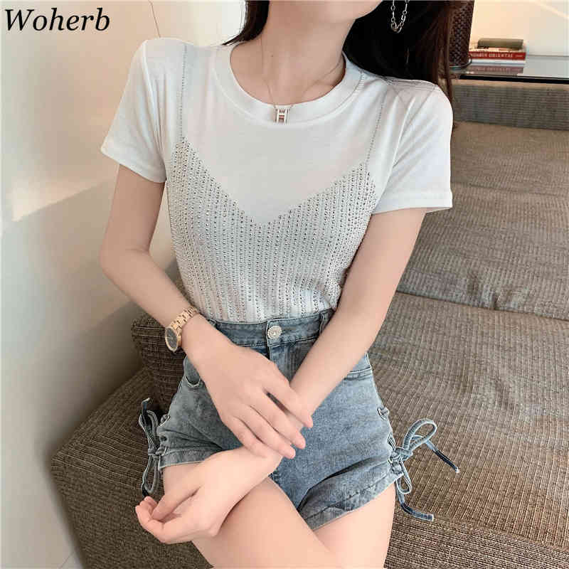 Diamond Short-sleeved T-shirt Summer Fashion Slim Fit O Neck Pullover Tees Shirts Korean Casual Loose Basic Tops 210519