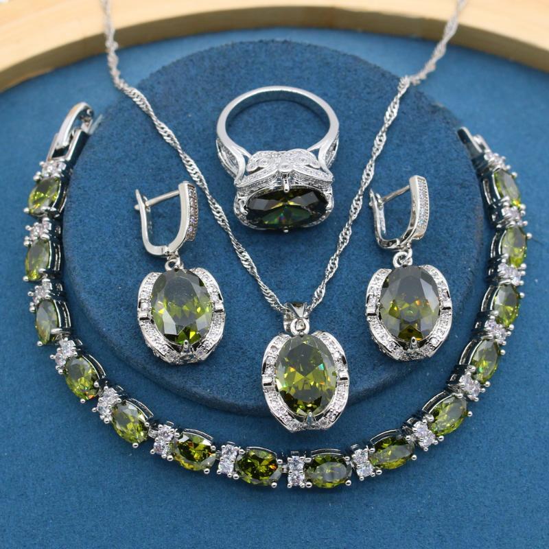 Earrings & Necklace Trendy Green Peridot Zirconia Silver Color Jewelry Sets For Women Bracelet Ring Gift Box
Earrings & Necklace Trendy Green Peridot Zirconia Silver Color Jewelry Sets For Women Bracelet Ring Gift Box