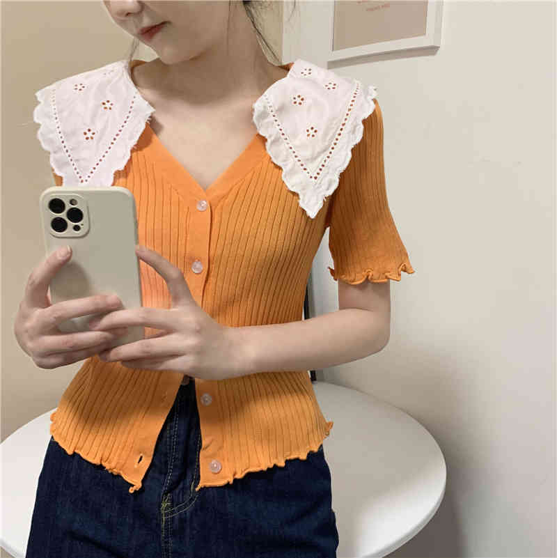 Summer Knitted Cardigan Tops Women Short Sleeve Lace Collar Sweater Korean Elegant Ladies Jumpers Femme 210519