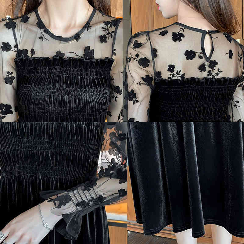 Korean Mesh Velvet Sexy Dress Women Autumn Winter Midi Black Embroidery Vinatge Zipper Ladies es Vestidos 12557 210508