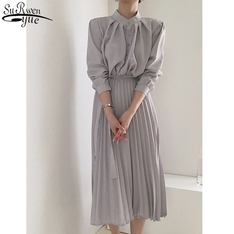 French Style Temperament Long Sleeve Women's Dress with Belt Early Spring Single Breasted Pleated Vestidos 12757 210427