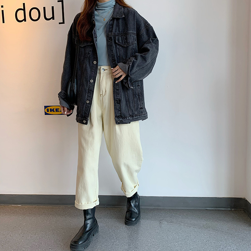 2 colors Women's casual Jean Coats autumn Women loose Vintage Denim Jacket Long Sleeve Loose Girls Outwear coats (78606) 210423