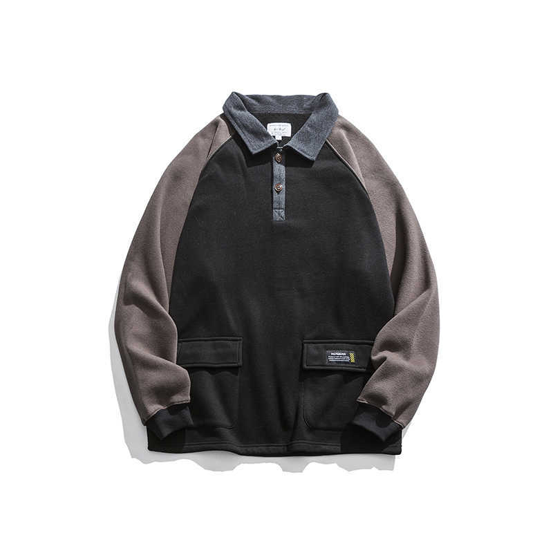 Autumn Japanese Sweatshirt Mens Black Campus Pullover Streetwear Casual Fashion Turndown Collar High Quality Cotton Jacket 210603